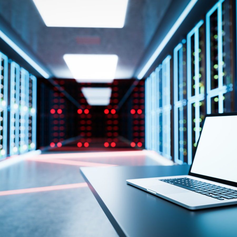 Admin computer in network server room or data center Admin computer in network server room or data center