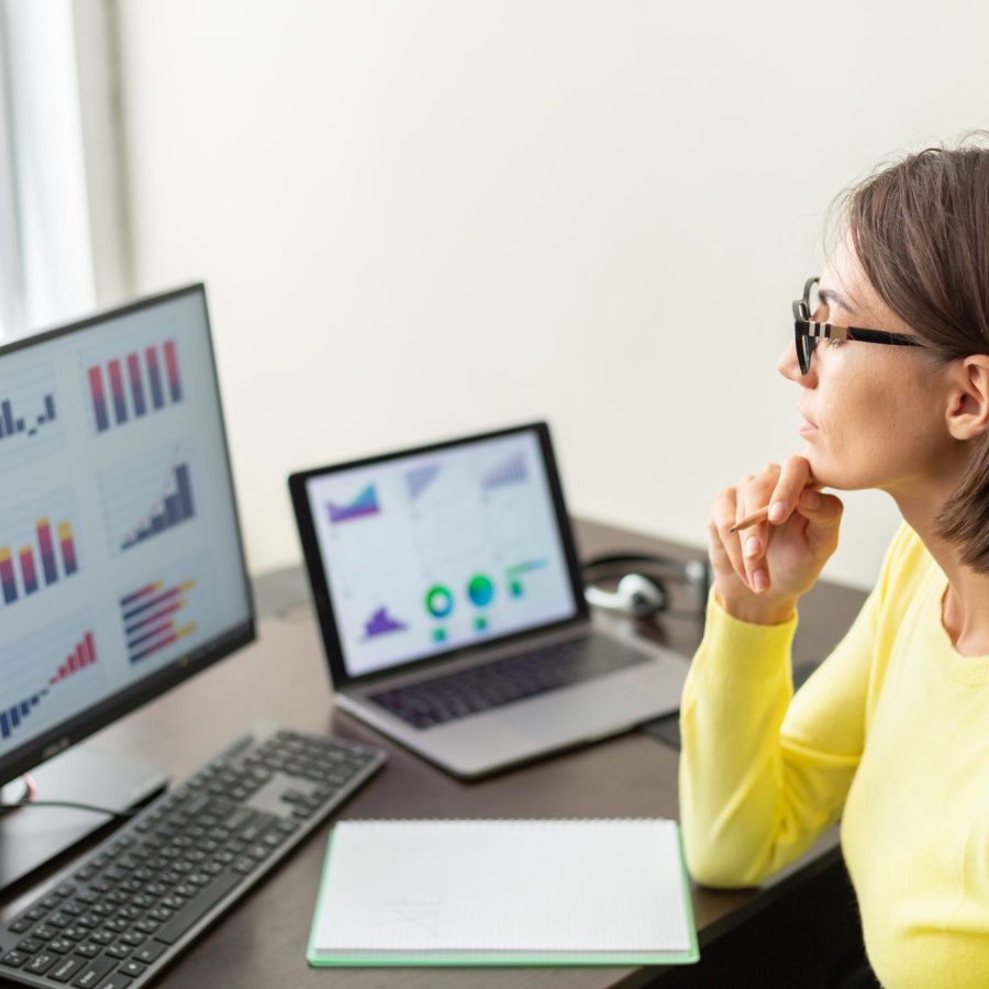 Caucasian advisor financial business analytics woman with data dashboard graphs Caucasian advisor financial business analytics woman with data dashboard graphs