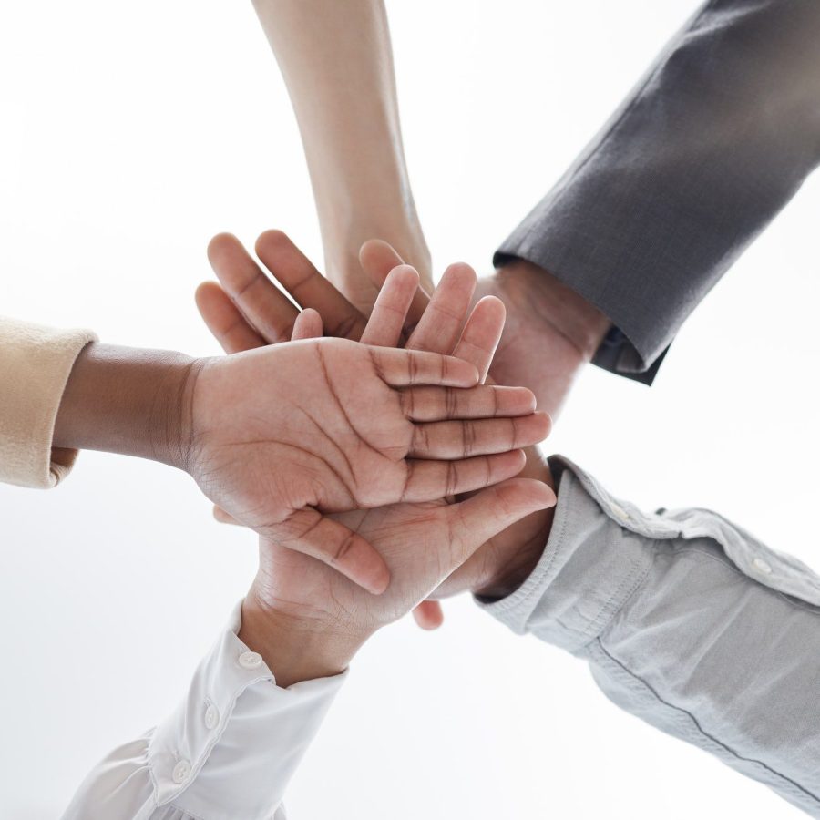 Hands together, support and teamwork motivation of business team showing solidarity. Collaboration,